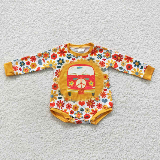 girls orange bus floral long sleeve onesie LR0399