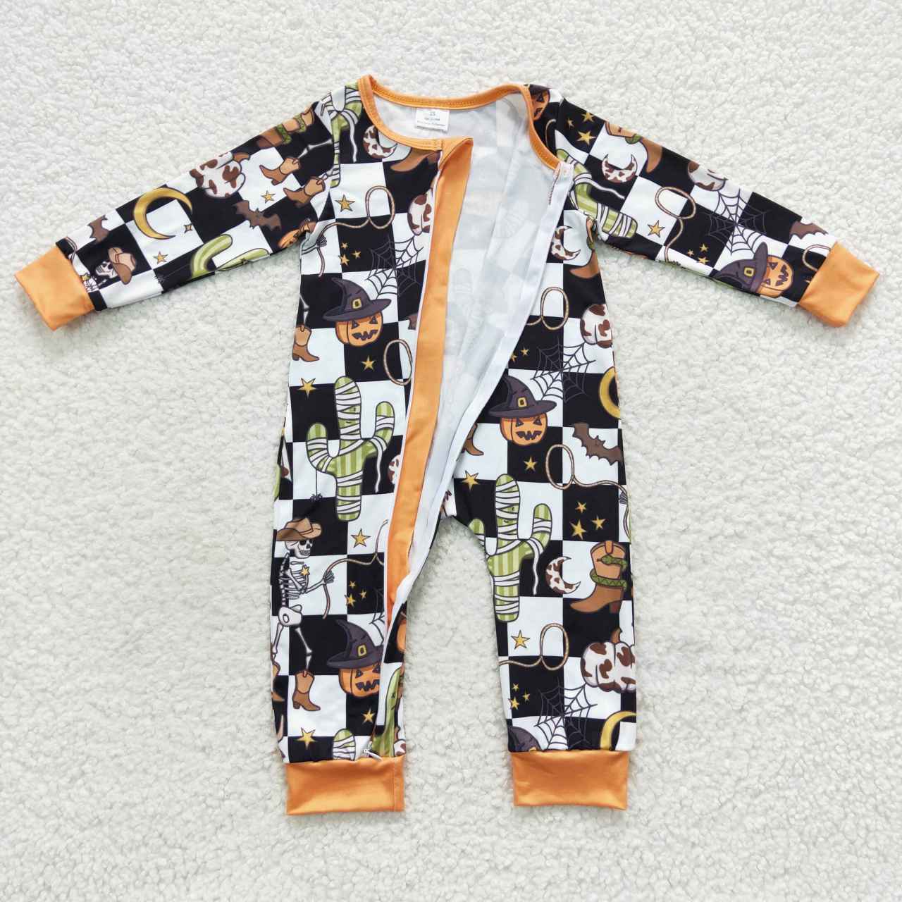 baby cartoon Halloween skull cactus pumpkin checkerboard zipper onesie LR0404