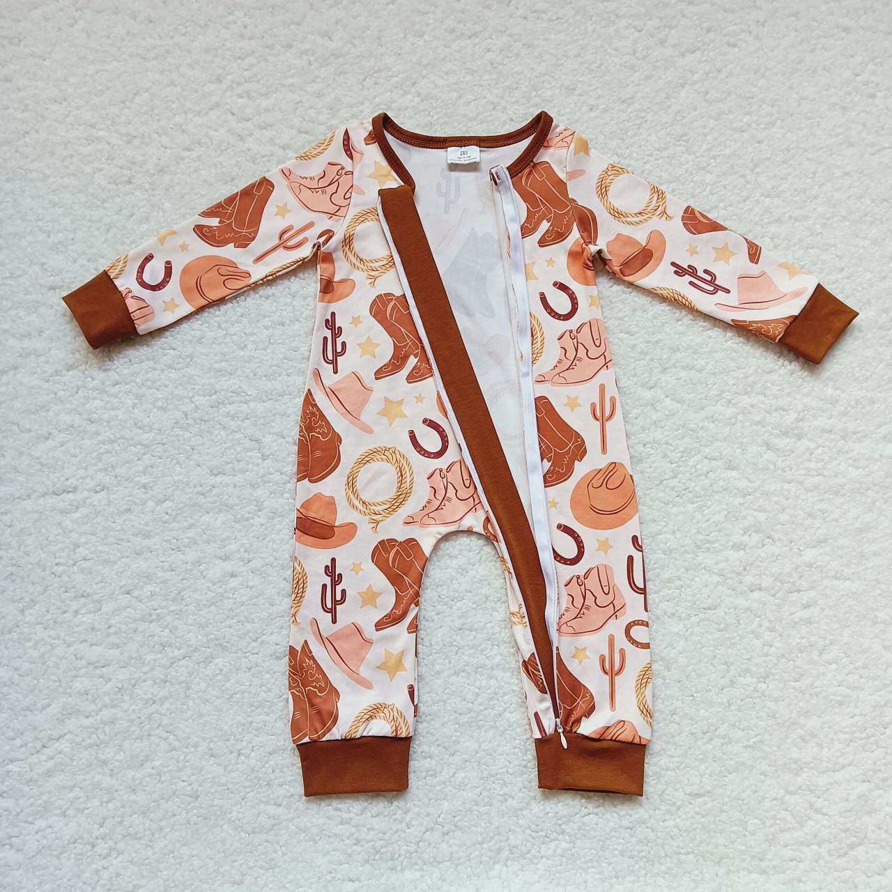 baby cowboy brown zipper onesie LR0431