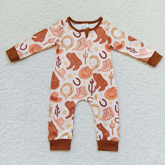 baby cowboy brown zipper onesie LR0431