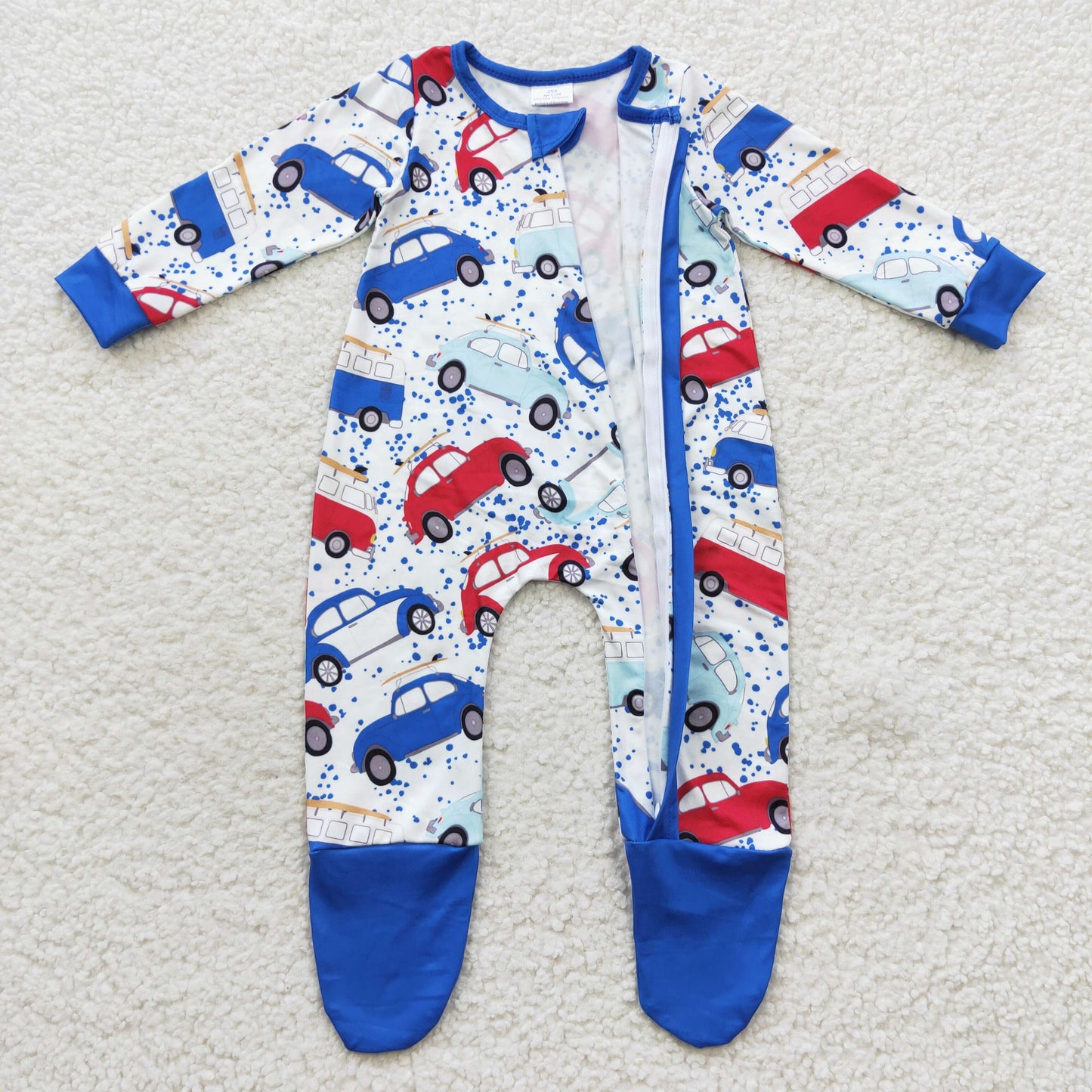 baby blue car print zipper onesie LR0444