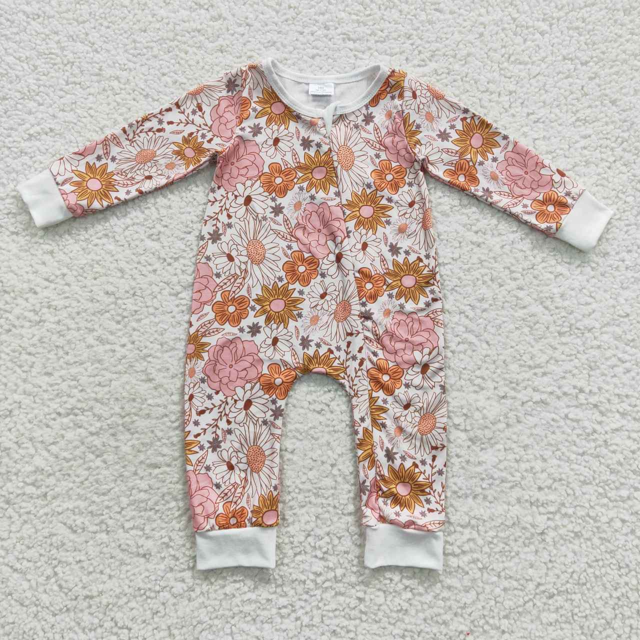 Sibling Baby Girls Orange Pink Daisy Flowers op Pants Pajamas Sets Zipper Rompers