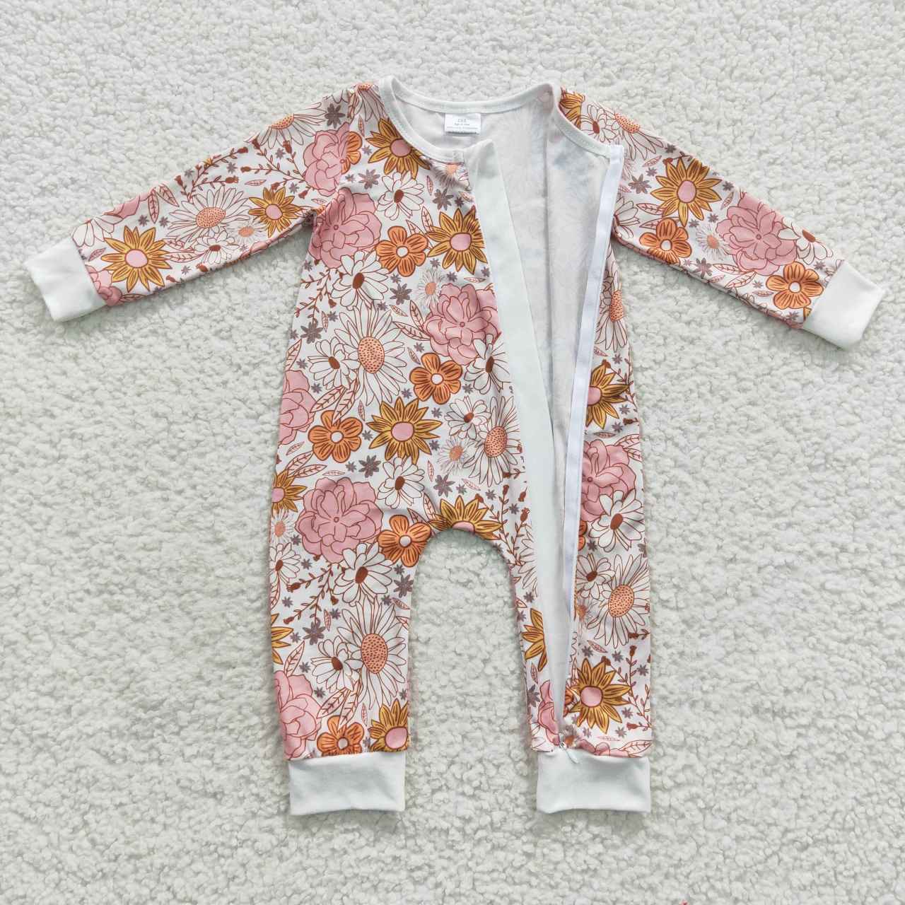 Sibling Baby Girls Orange Pink Daisy Flowers op Pants Pajamas Sets Zipper Rompers