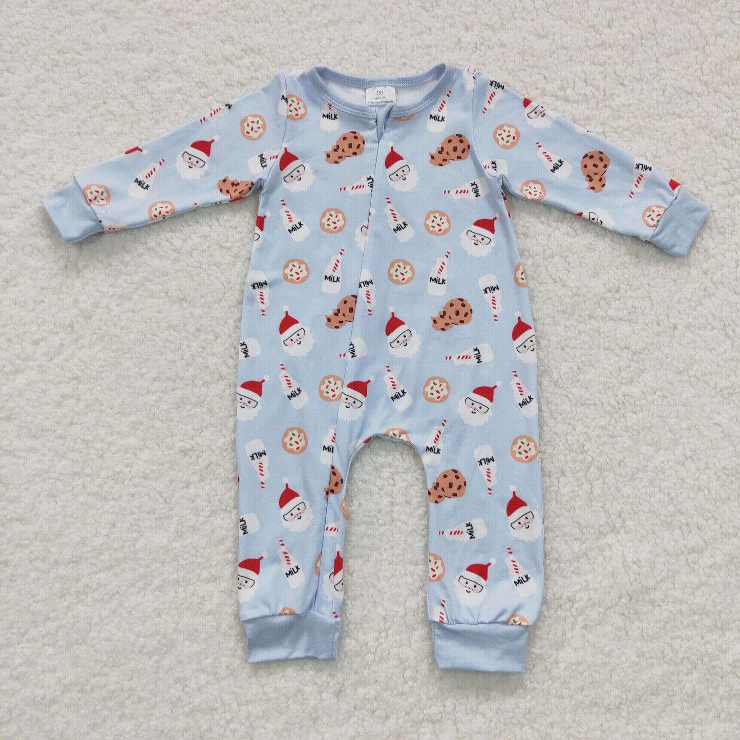 baby Christmas Santa milk print blue zipper onesie LR0472