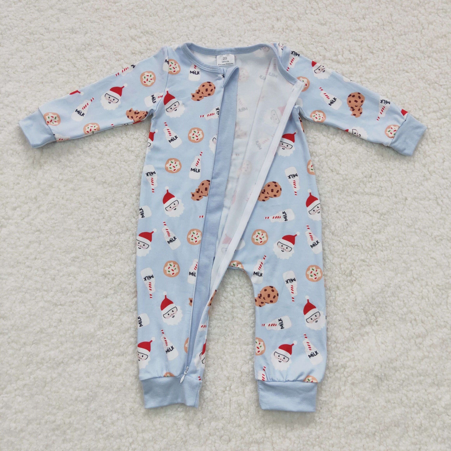 baby Christmas Santa milk print blue zipper onesie LR0472