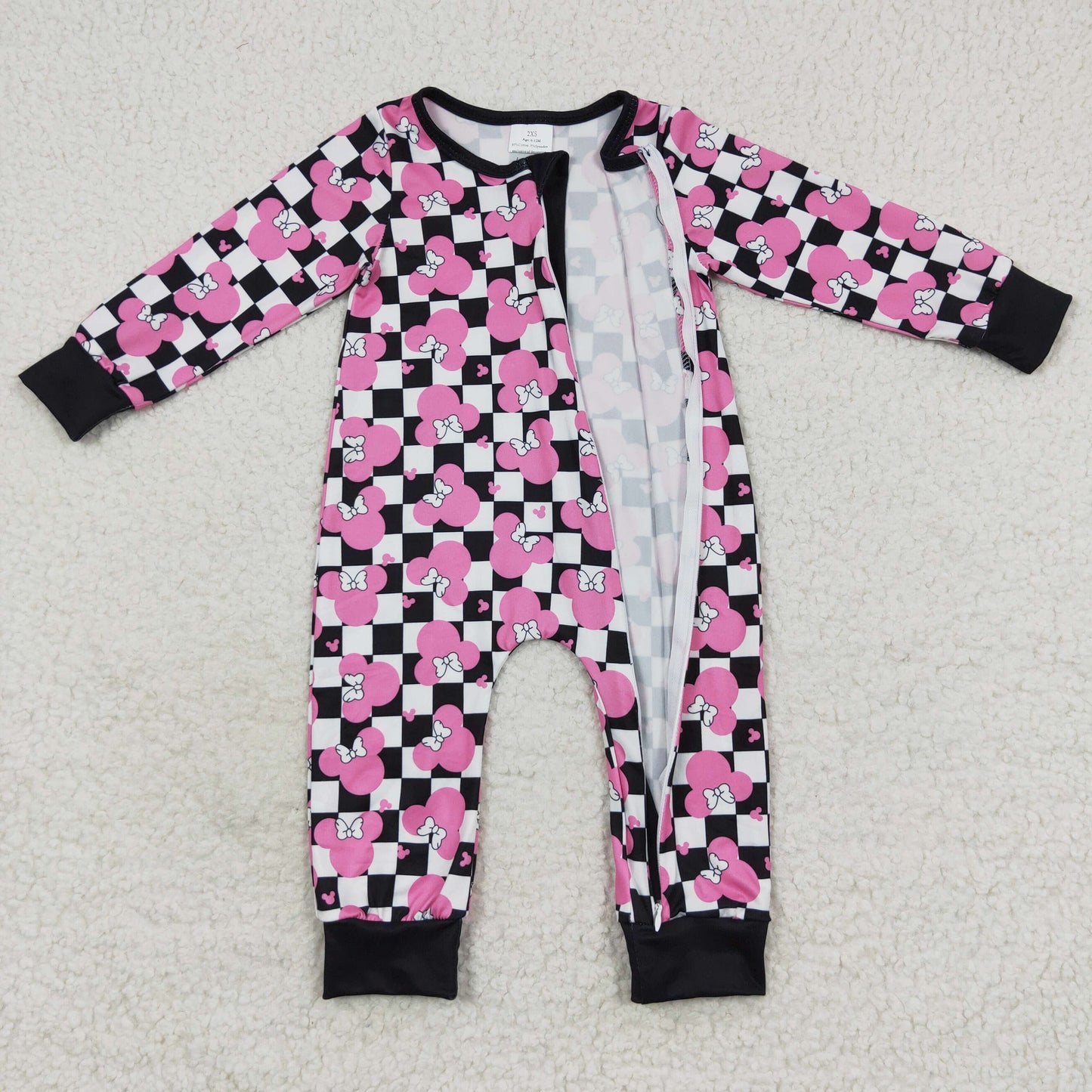 baby cartoon character bow checkerboard zipper onesie LR0478