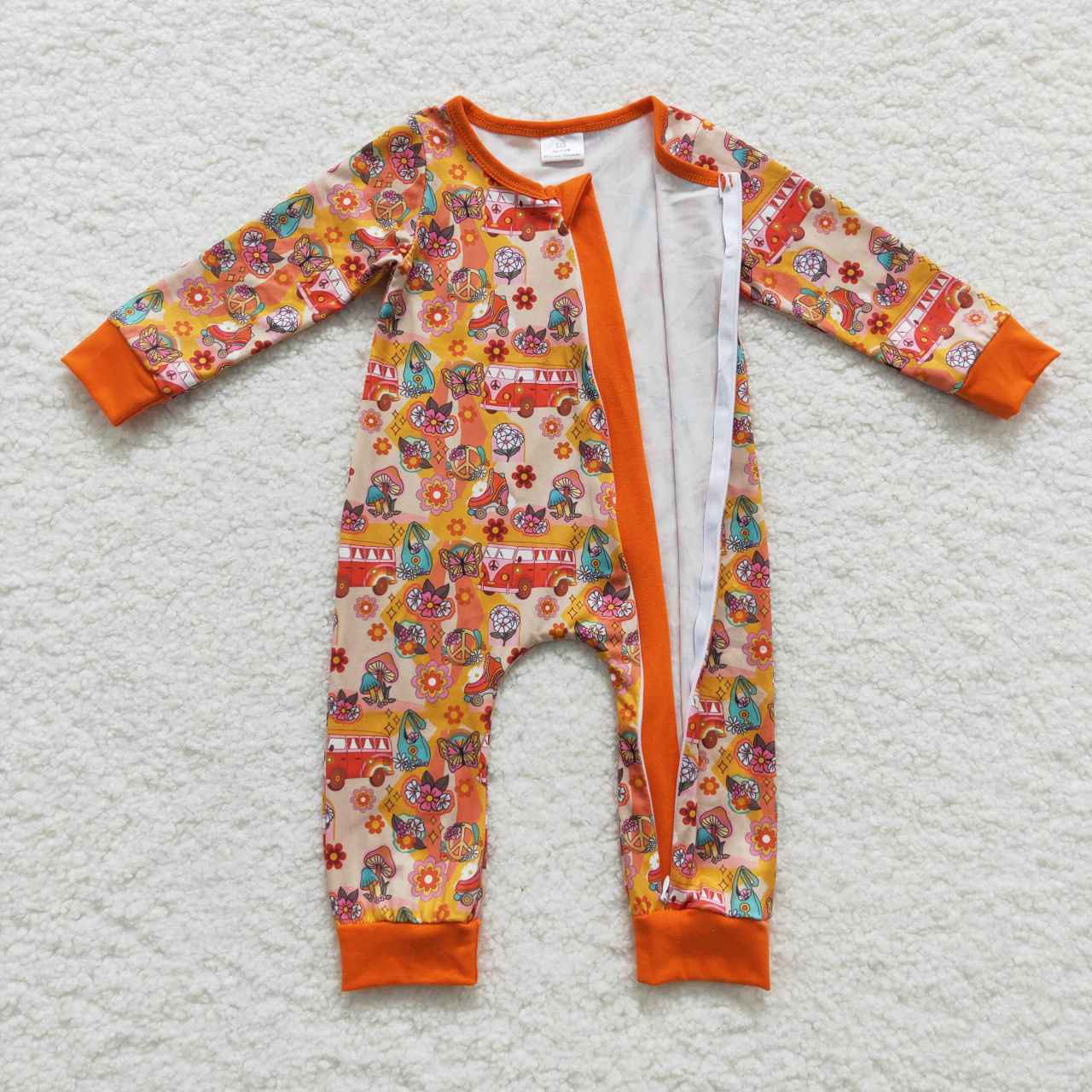 baby orange floral bus butterfly print zipper onesie LR0485