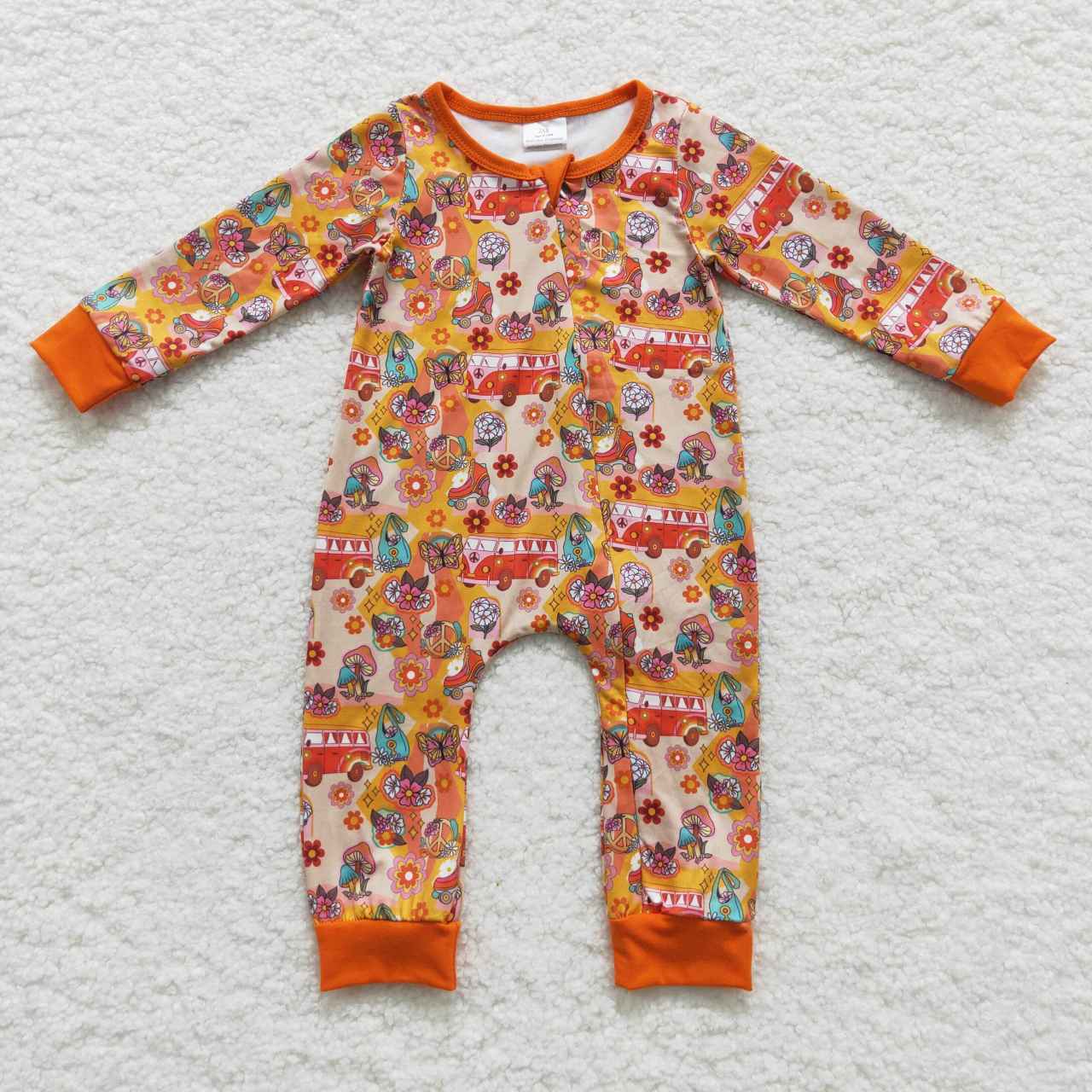 baby orange floral bus butterfly print zipper onesie LR0485