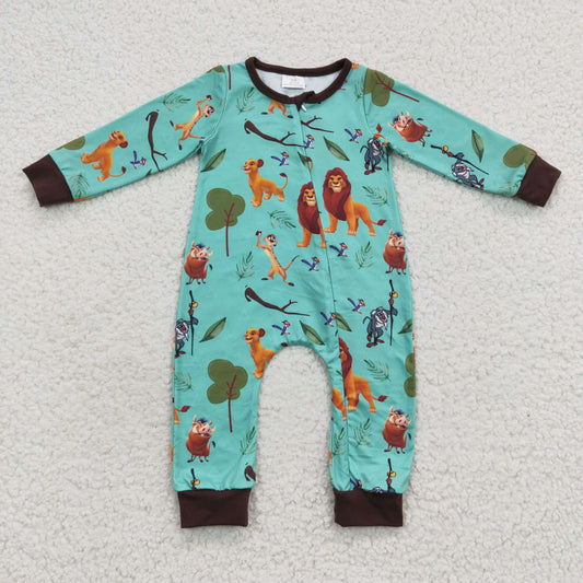 baby green cartoon lion print zipper romper LR0486