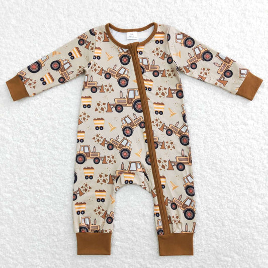 LR0508 baby brown construction truck long sleeve romper