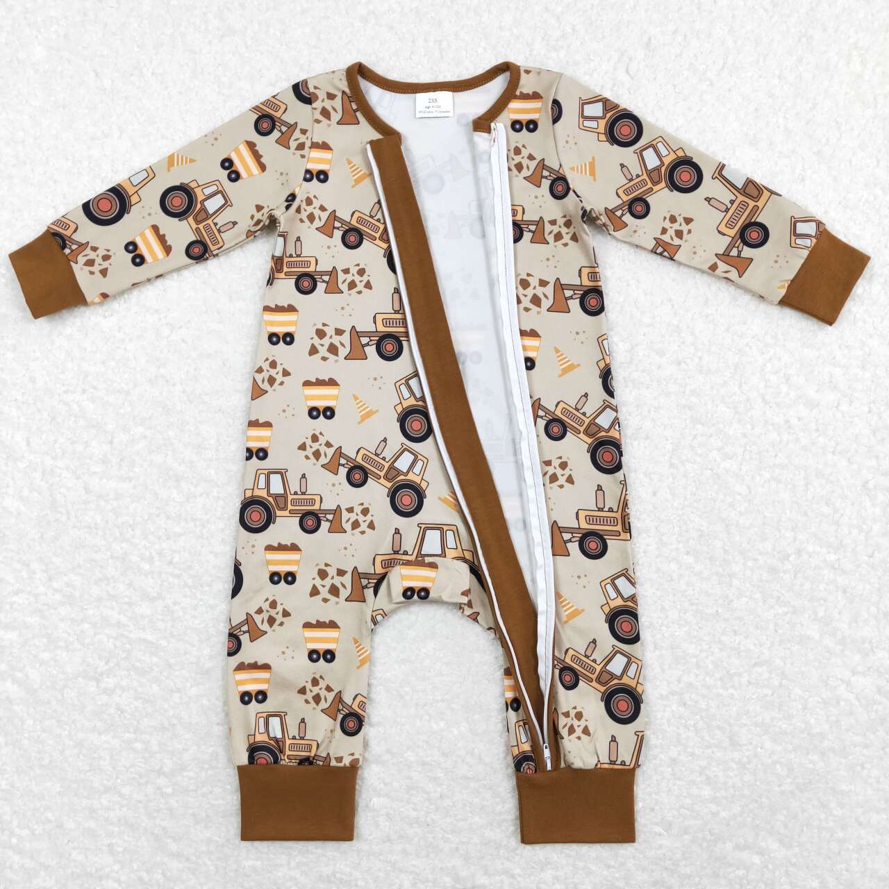 LR0508 baby brown construction truck long sleeve romper