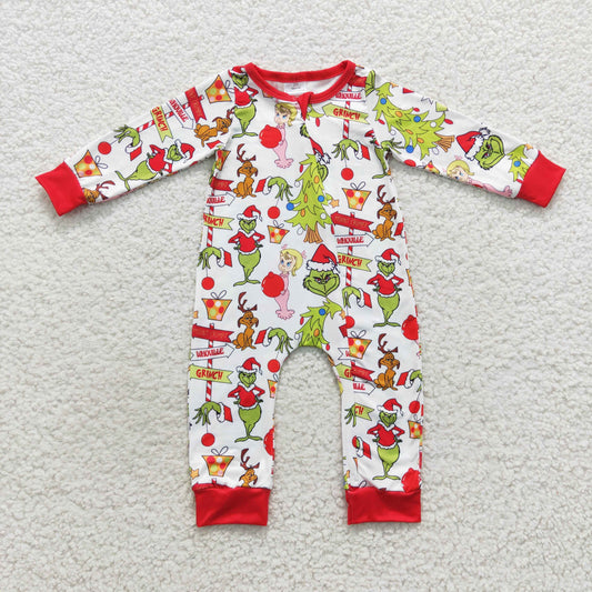 baby boy Christmas green monster zipper onesie LR0530