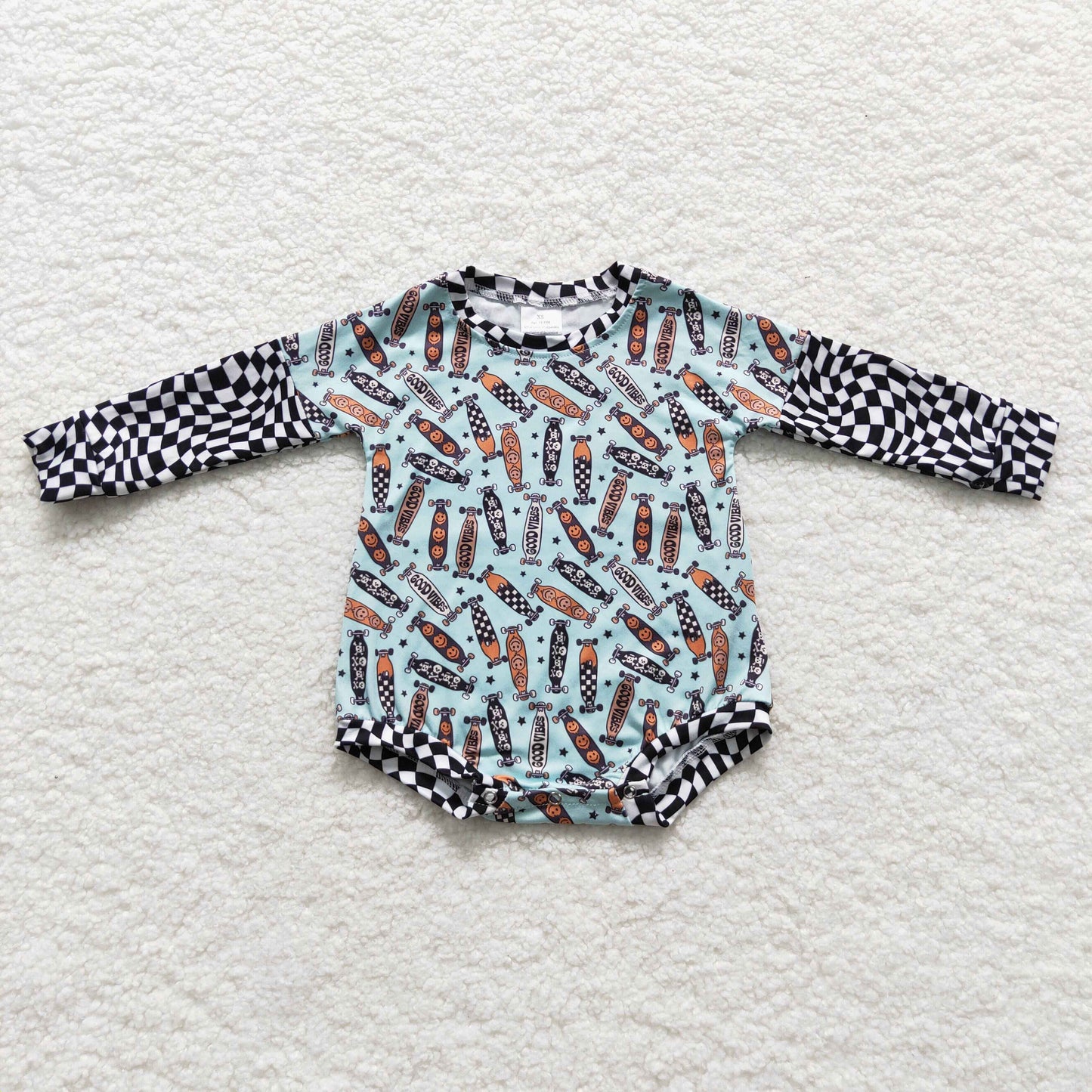 baby skateboarding smile face print plaid onesie LR0543