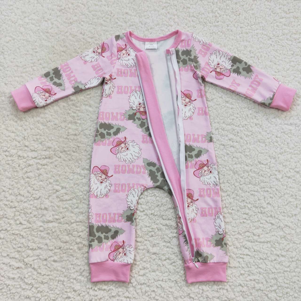 LR0548 baby girl Christmas santa claus pink zipper onesie