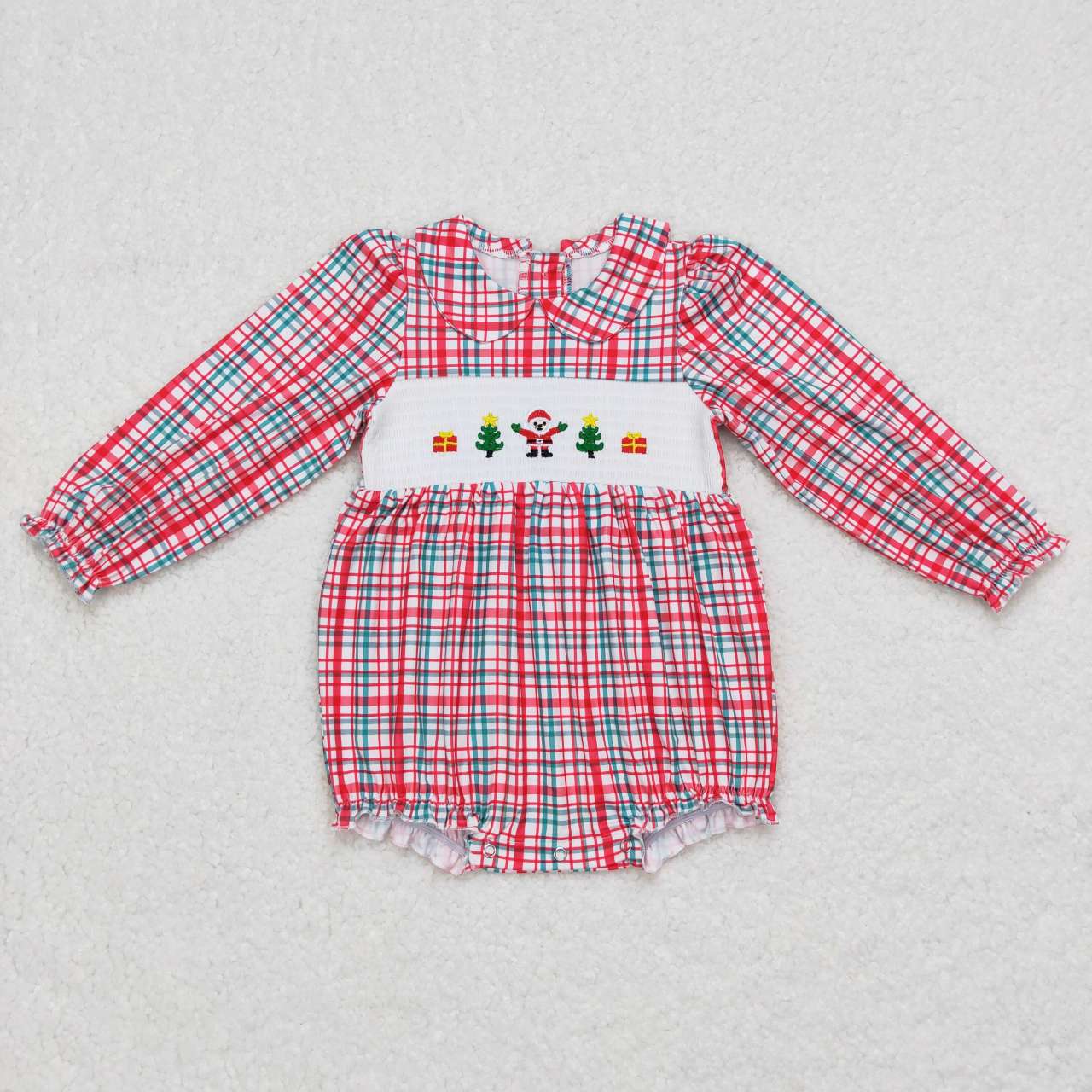 LR0606 babyclothes girl smocked red and green striped Christmas romper