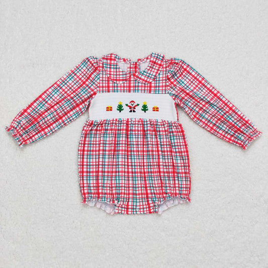 LR0606 babyclothes girl smocked red and green striped Christmas romper