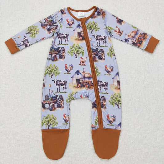 LR0632 baby clothes baby boy farm tractor zipper romper