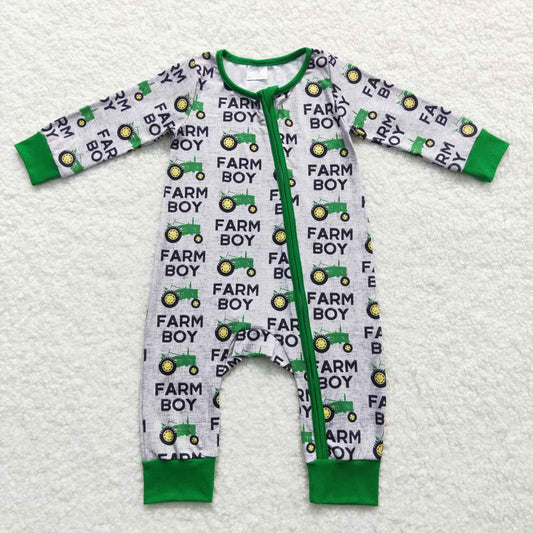 LR0688 baby boy clothes farm boy print zipper onesie