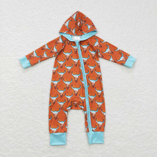 LR0703  baby cow print hooded zipper romper