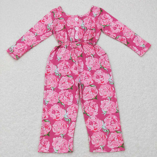LR0715 baby girls flower print pink long sleeves jumpsuit