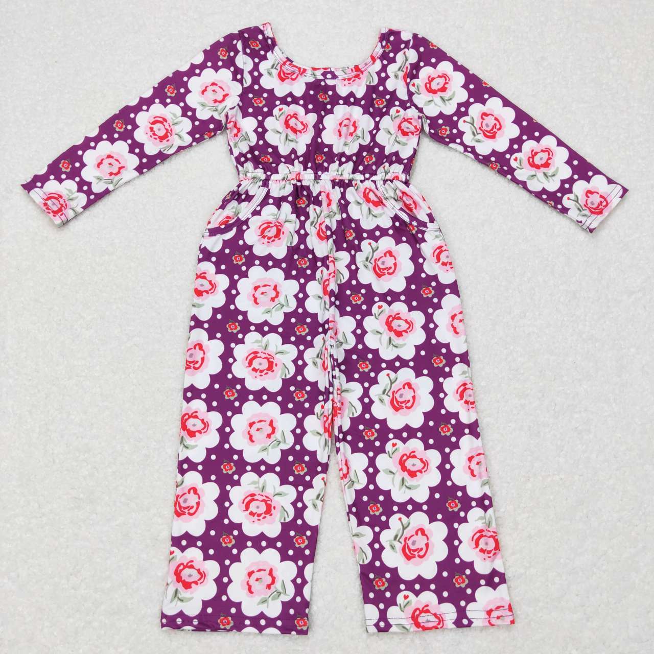 LR0716  baby girls flower print purple long sleeves jumpsuit