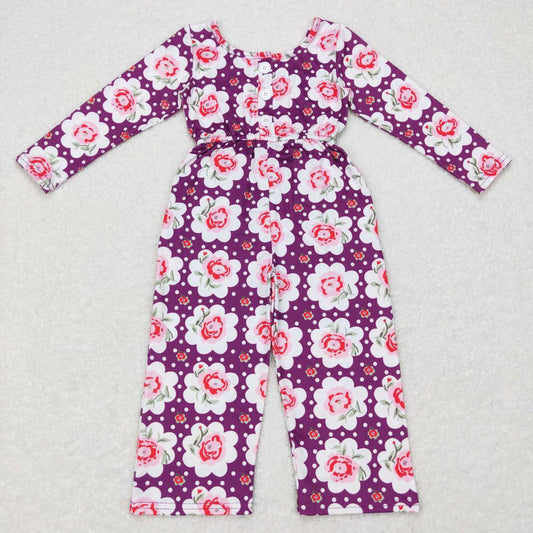 LR0716  baby girls flower print purple long sleeves jumpsuit
