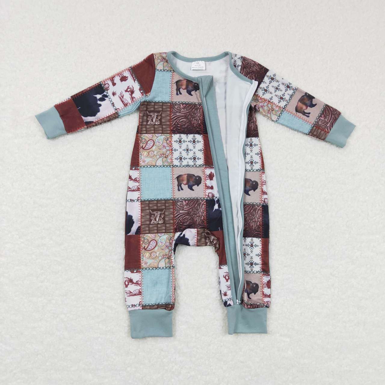 LR0734 baby boy Bull head geometric pattern zipper onesie