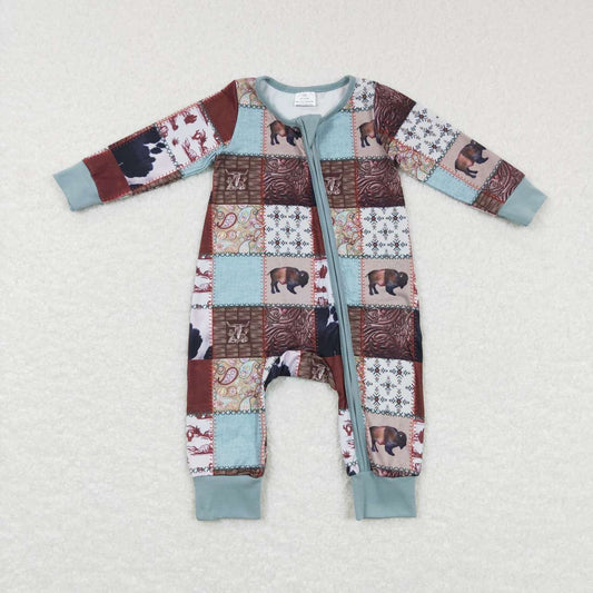 LR0734 baby boy Bull head geometric pattern zipper onesie