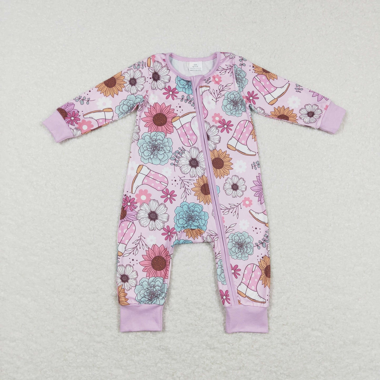 Sibling Baby Girls Lavender Pink Flowers Boots Top Pants Pajamas Sets Zipper Rompers