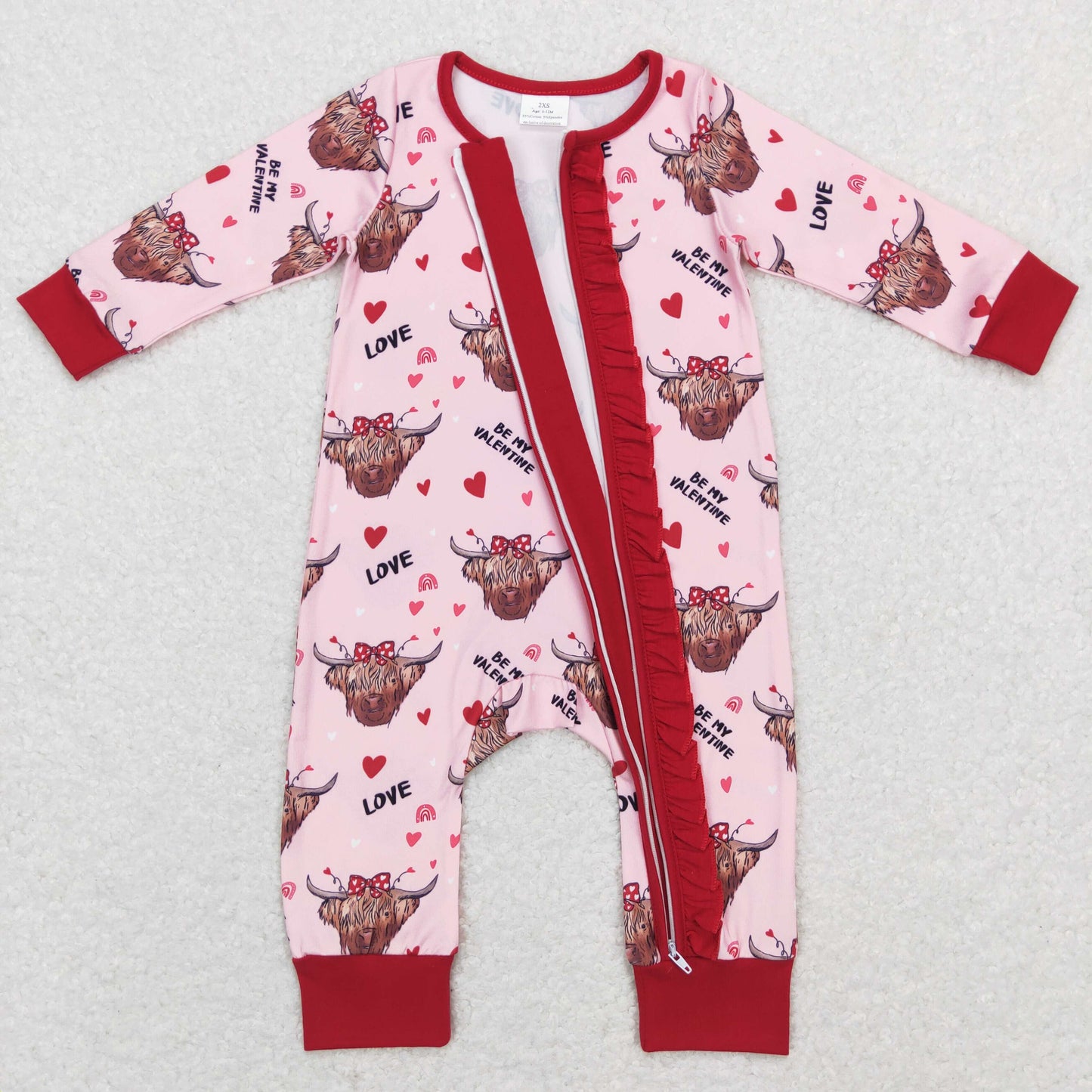 Sibling Baby Girls Hearts Highland Cows Top Ruffle Pants Valentine Pajamas Sets Zipper Footie Rompers
