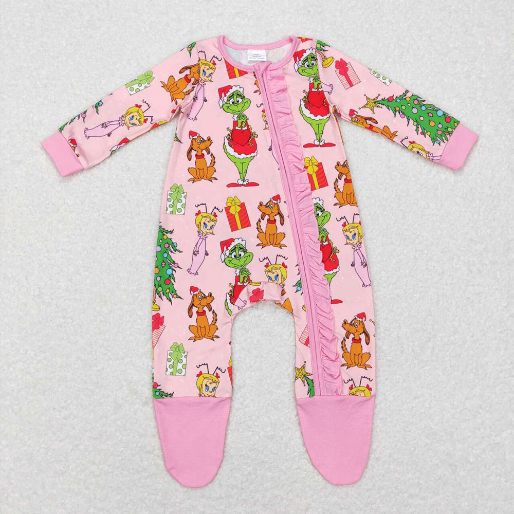 Sibling Baby Girls Green Face Miss Christmas Pajamas Set Zipper Footed Romper