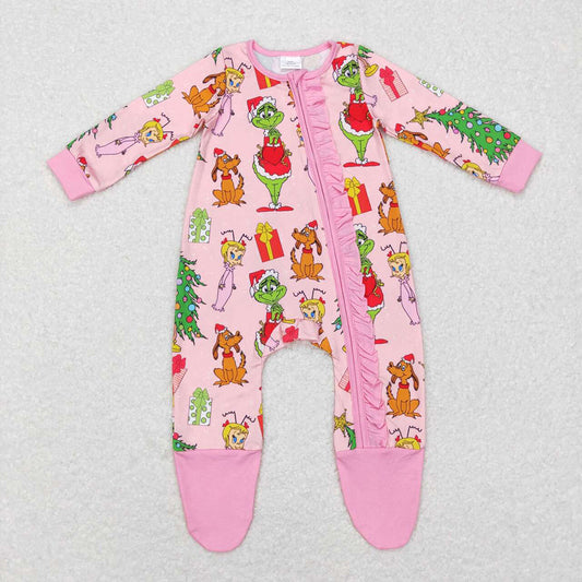 LR0806 Baby Girls Trees Grin Christmas Ruffle Zipper Footed Rompers