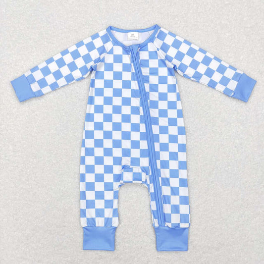 LR0811 baby boy blue plaid zipper long sleeve romper