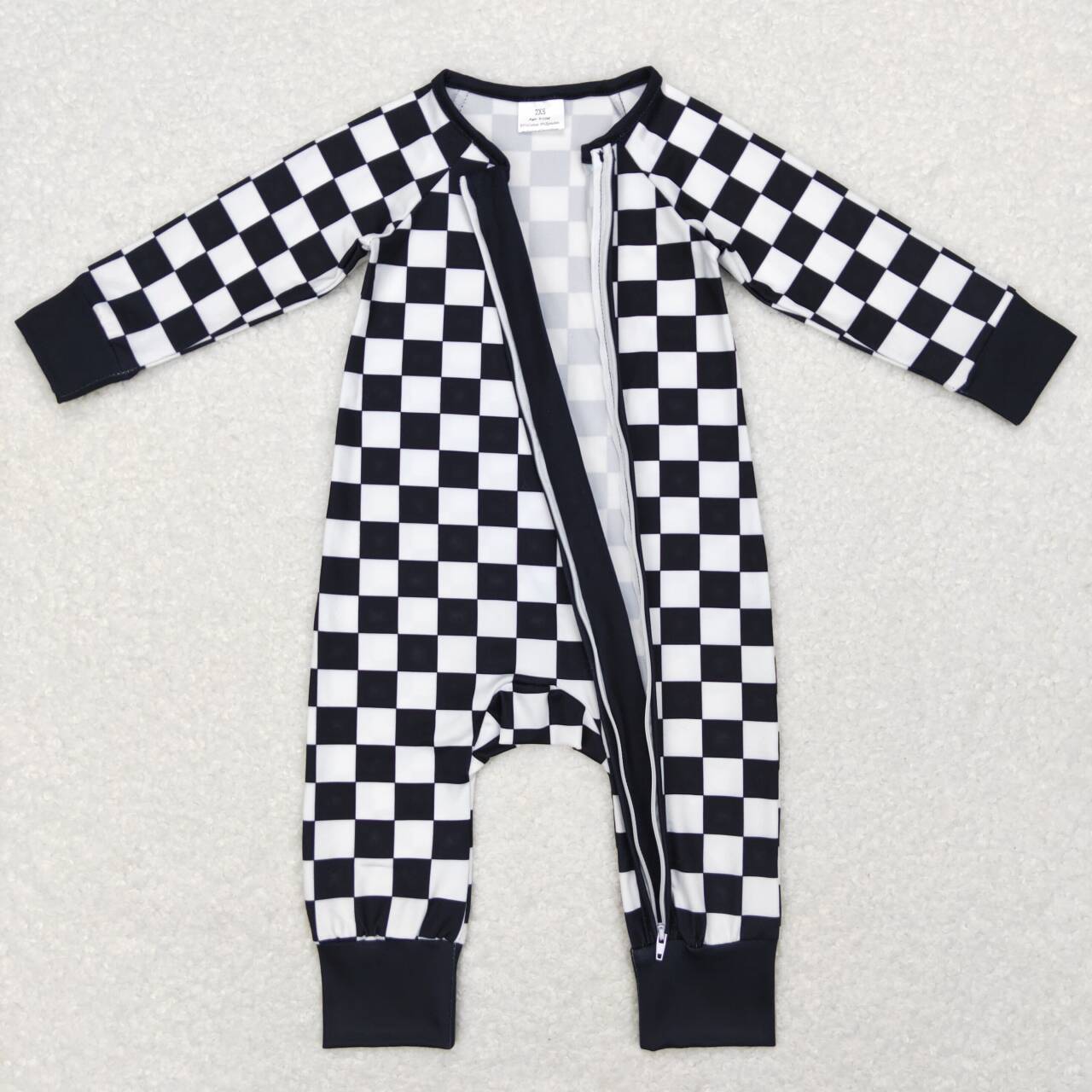 LR0812 baby boy black plaid zipper long sleeve romper