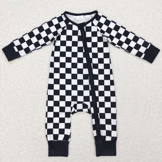 LR0812 baby boy black plaid zipper long sleeve romper