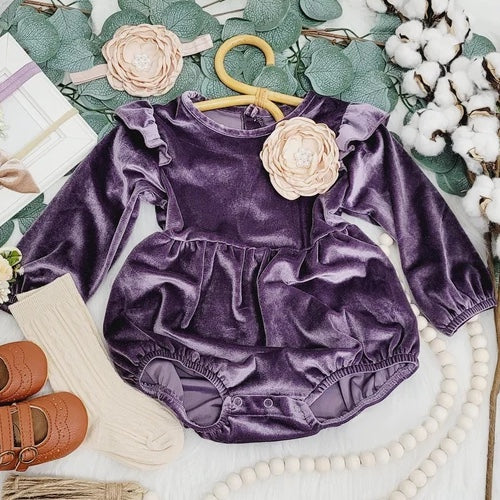 pre-order LR0841 baby girl purple velvet long sleeve romper