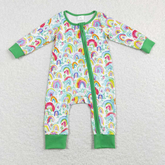 LR0883 baby girl clothes rainbow girl St. Patrick day zipper romper