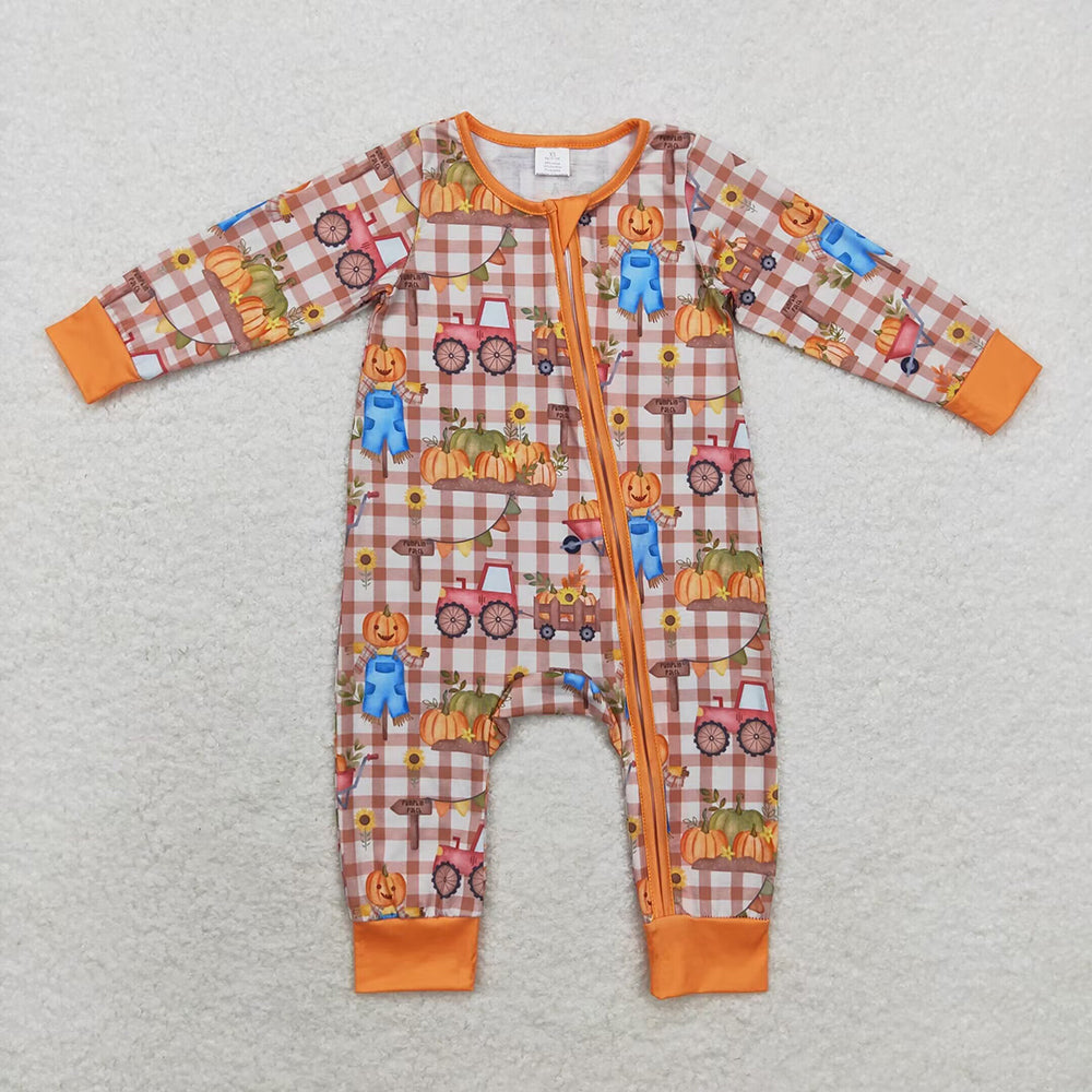 Sibling Baby Infant Girls Pumpkins Fall Zip Rompers