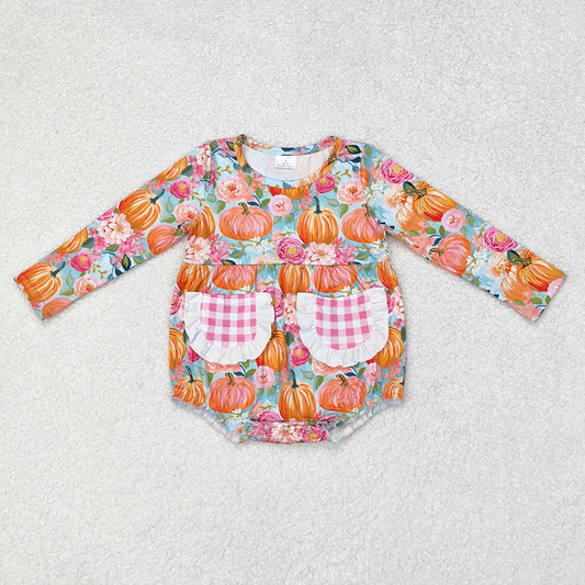 LR1059  baby girl clothes pumpkin flowers pockets long sleeve rompers