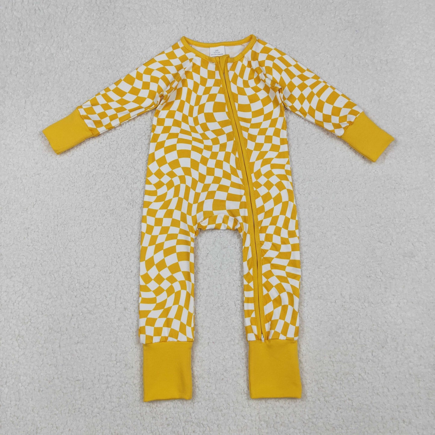 LR1089 Baby Boys Yellow Checked Fall Zipper Footed Rompers