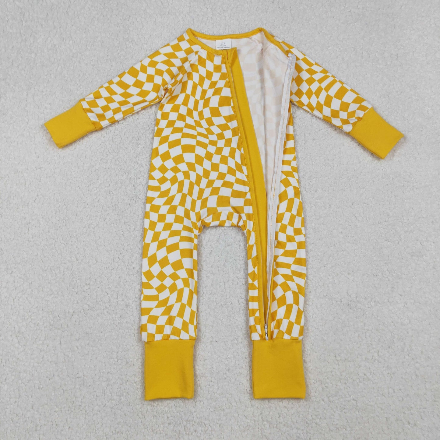 LR1089 Baby Boys Yellow Checked Fall Zipper Footed Rompers