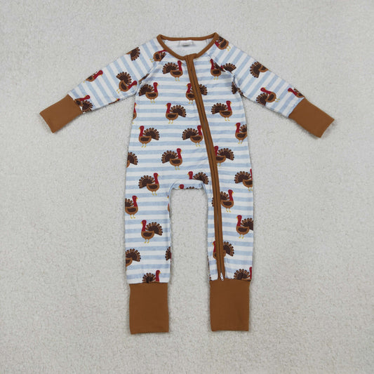 LR1191 Baby Boys Stripe Turkey Thanksgiving Zipper Footed Rompers