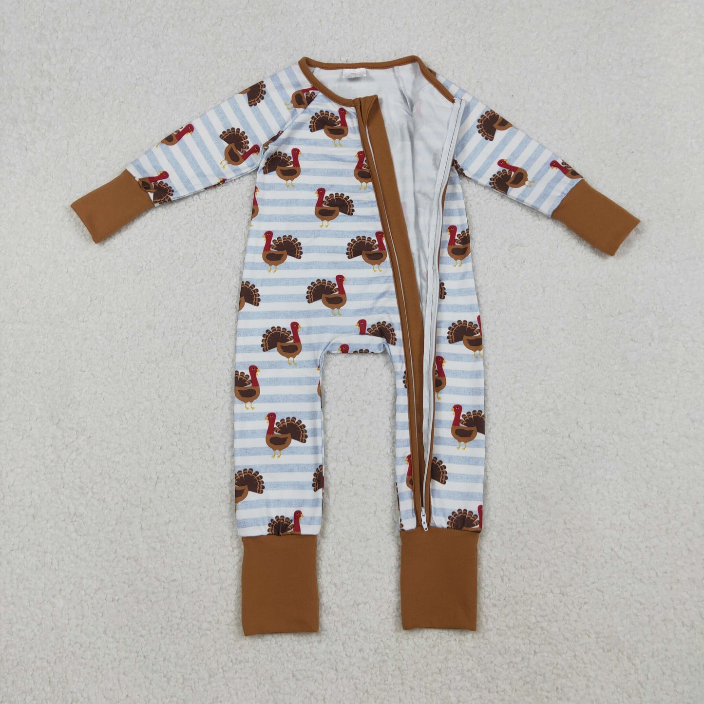 LR1191 Baby Boys Stripe Turkey Thanksgiving Zipper Footed Rompers