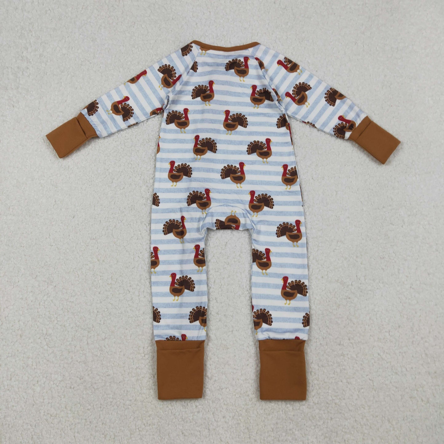 LR1191 Baby Boys Stripe Turkey Thanksgiving Zipper Footed Rompers