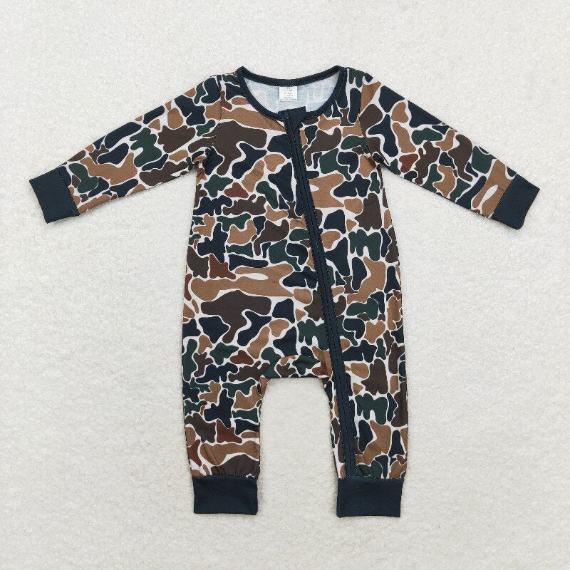 LR1453 baby boys clothes brown camouflage ducks zip rompers