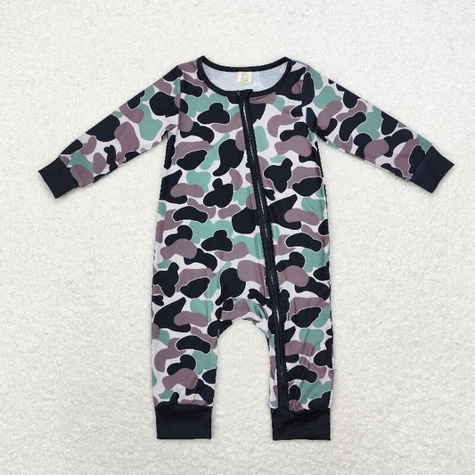 LR1460 baby boys clothes green black camouflage ducks zip rompers