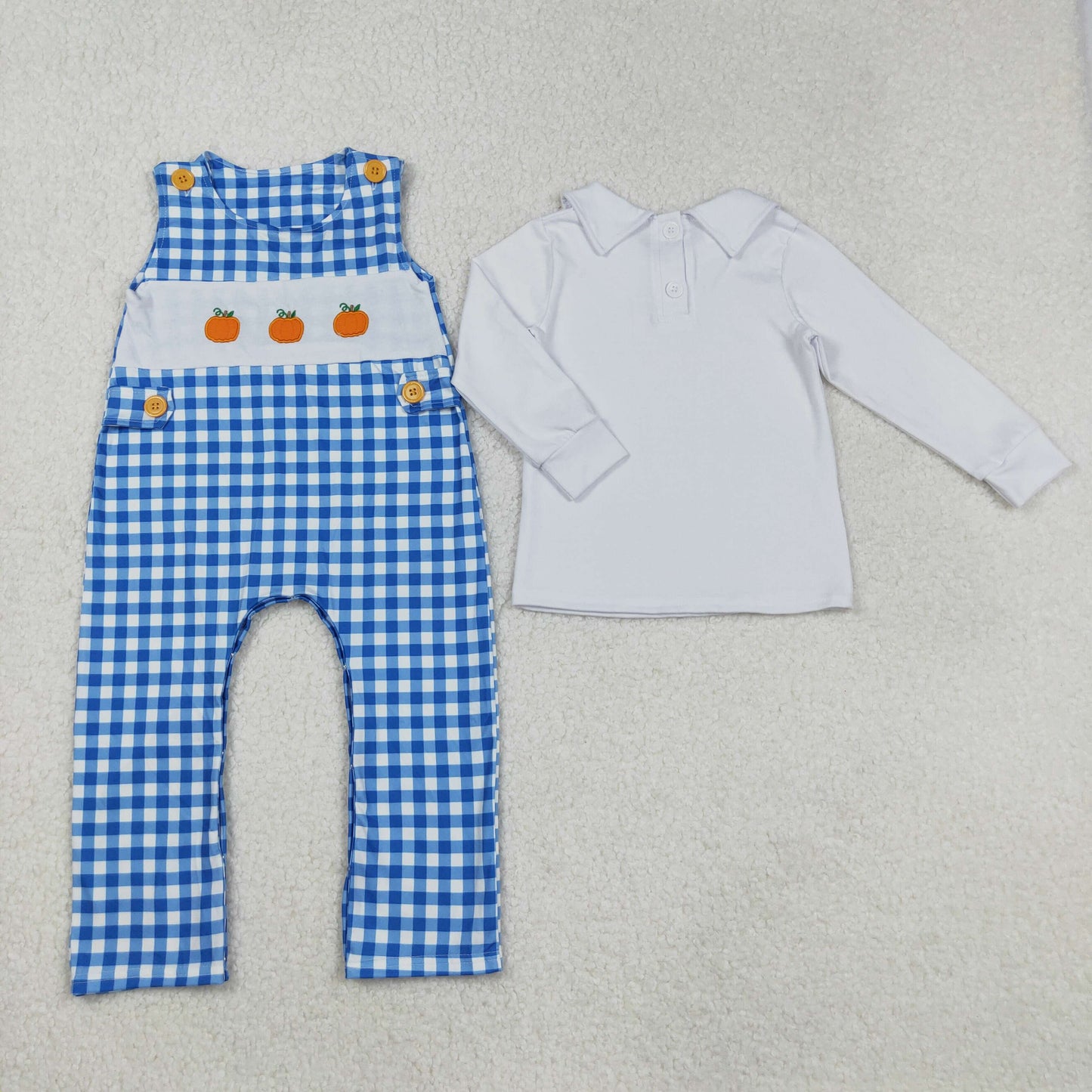 LR1501 Baby Boys Shirts Top Blue Checked Embroidery Pumpkins Jumpsuit 2 Piece Fall Clothes Set