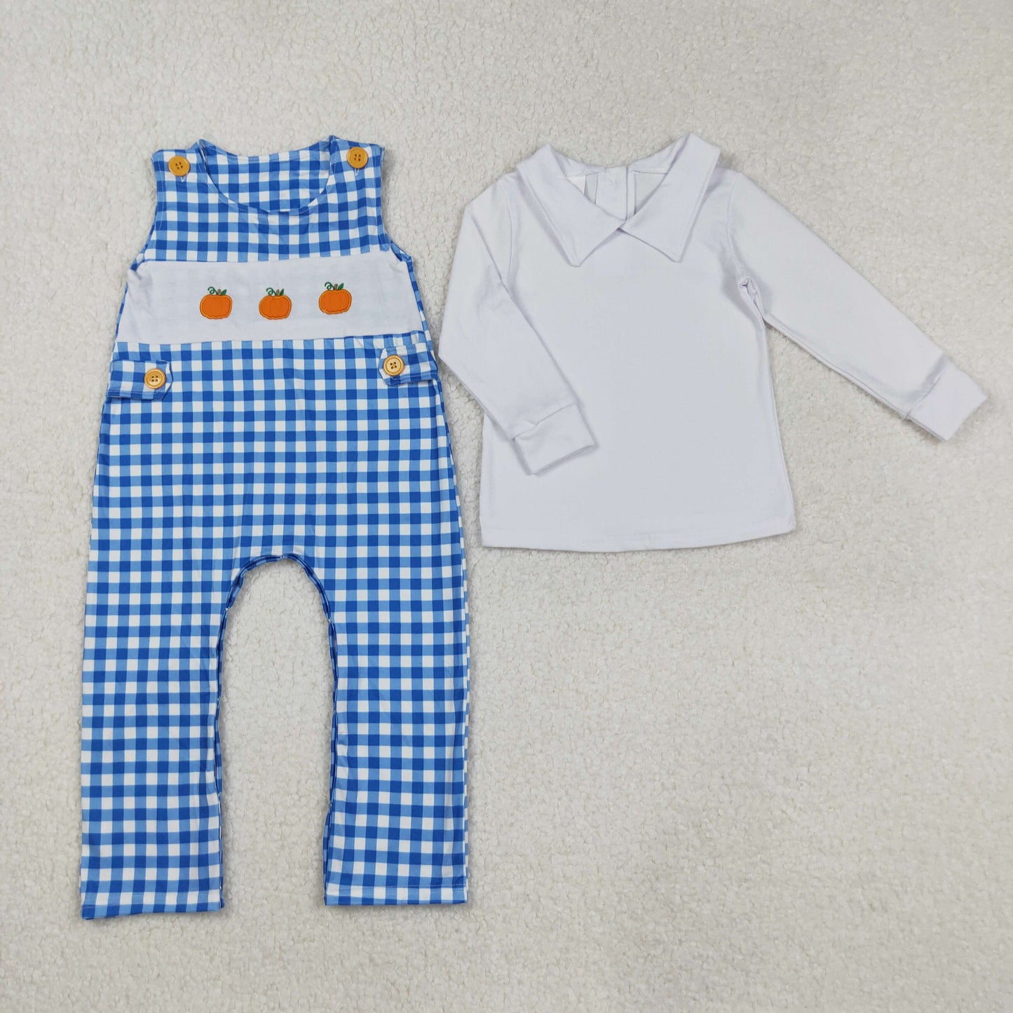 LR1501 Baby Boys Shirts Top Blue Checked Embroidery Pumpkins Jumpsuit 2 Piece Fall Clothes Set