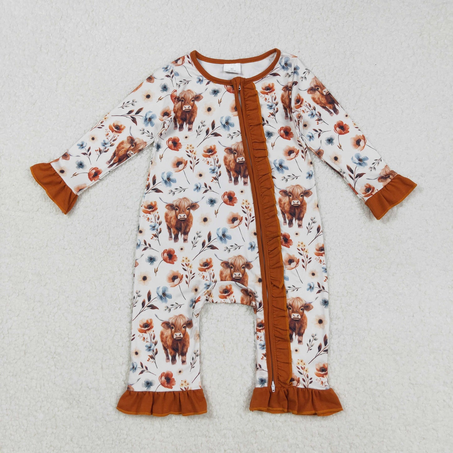 LR1624 Baby Girls Flowers Highland Cows Western Ruffle Zipper Footie Rompers