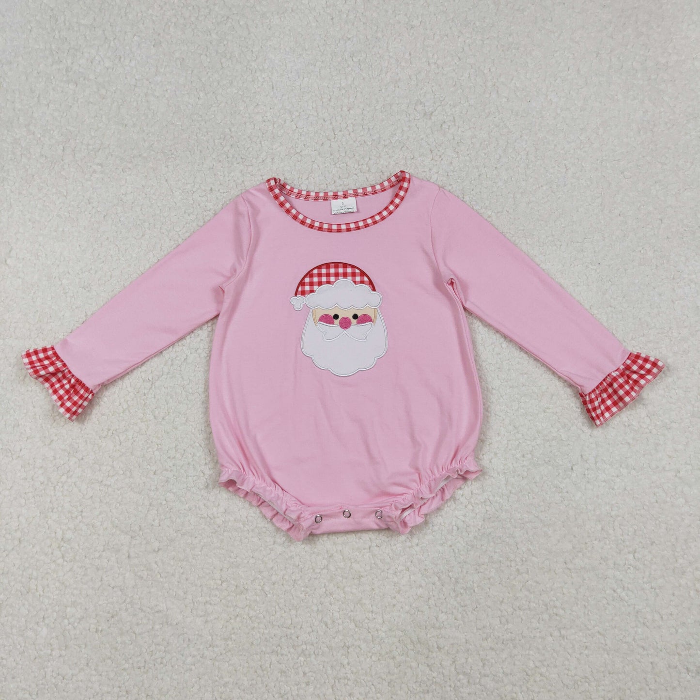 LR1733 Baby Girls Pink Embroidery Santa Long Sleeve Christmas Ruffle Rompers